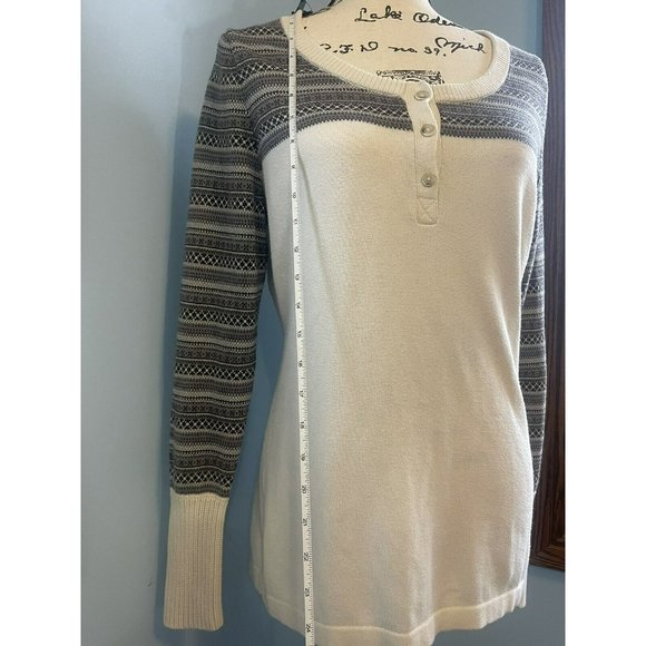 Women’s Woolrich Original Ivory/Gray Crew Neck Button Fair Isle Sweater Sz M - Picture 6 of 9